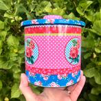 Leuk bloemenblikje roze blauw roosjes stipjes voorraadblik, Ophalen of Verzenden