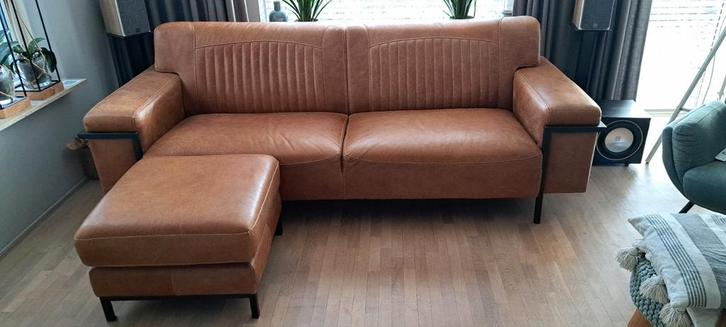 Echt buffel leren bruine 3 zits bank met hocker, Huis en Inrichting, Banken | Bankstellen, 75 tot 100 cm, Leer, Ophalen
