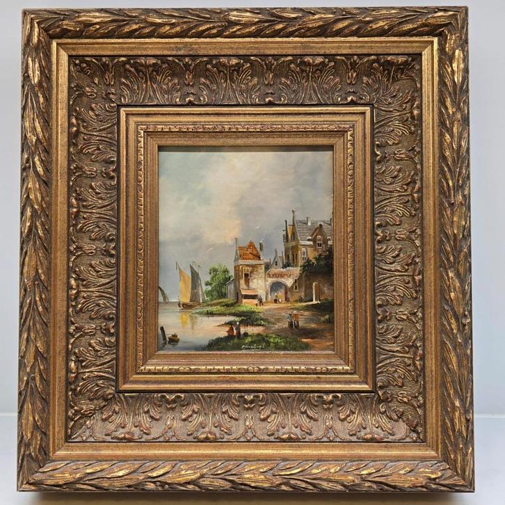 Hollands riviergezicht – E. Versteegh – olieverf op paneel, Antiek en Kunst, Kunst | Schilderijen | Klassiek, Ophalen