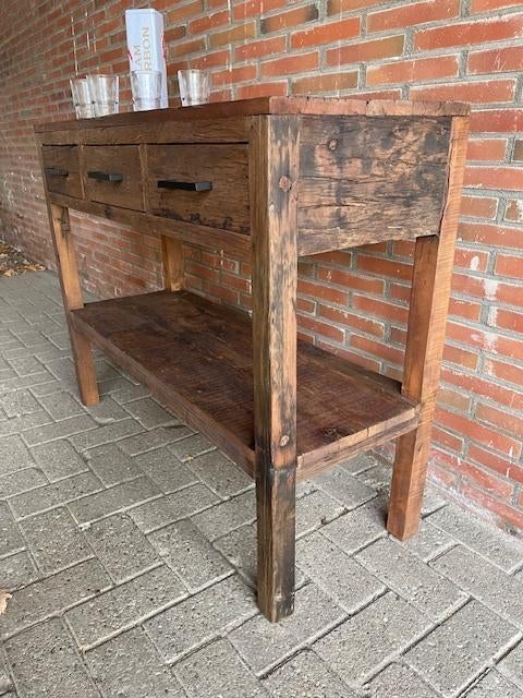 Sidetable 110 cm massief oud hout voorraad laagste prijs, 100 tot 150 cm, Nieuw, Ophalen of Verzenden, BRENT WW Sidetable  110 cm massief oud hout 3 lades