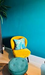 Woood Sara Mosterdgele fauteuil met poef & pauwenkussen, Ophalen, Overige kleuren, Zo goed als nieuw, Eén