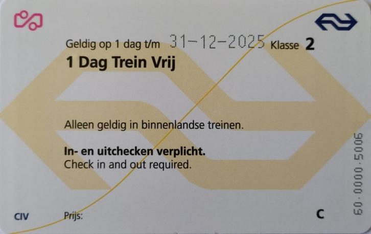 Treinkaart NS (OV-chipkaart), héle dag geldig!, Tickets en Kaartjes, Trein, Bus en Vliegtuig, Eén persoon, Algemeen kaartje, Trein