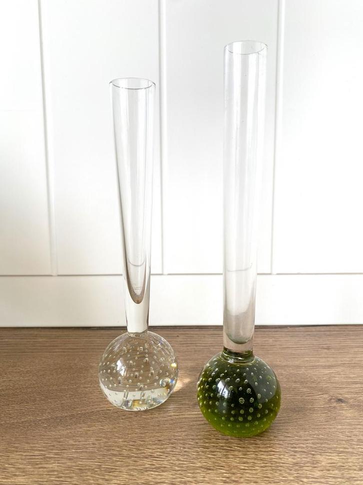 A.D. Copier Spijkerglas Vaasjes, Huis en Inrichting, Woonaccessoires | Vazen, Gebruikt, Groen, Minder dan 50 cm, Glas, Ophalen of Verzenden