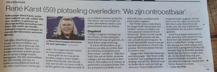 Volkszanger René Karst krantenartikel krantenknipsel, Verzamelen, Tijdschriften, Kranten en Knipsels, Knipsel(s), 1980 tot heden