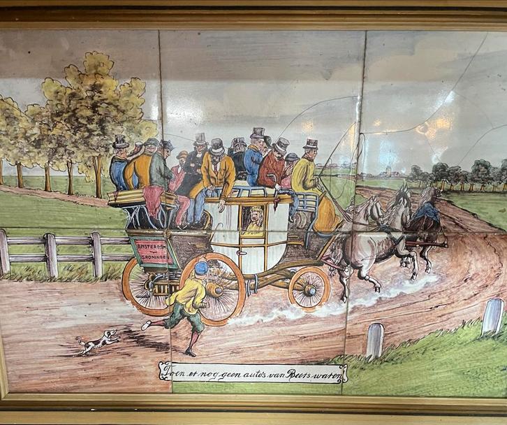 Delfts Tegeltableau Koets met Paarden 17 e 18 e eeuw, Antiek en Kunst, Antiek | Wandborden en Tegels, Ophalen of Verzenden