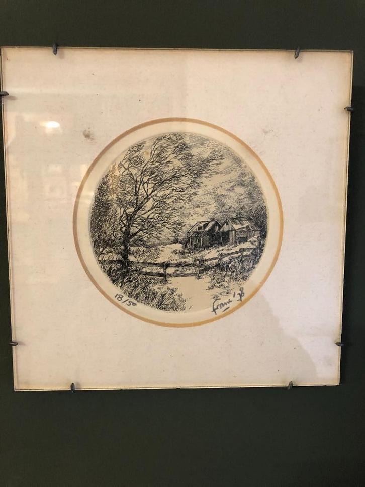 Prachtig gesigneerde etsje in lijst en dubbele passe-partout, Antiek en Kunst, Kunst | Etsen en Gravures, Ophalen