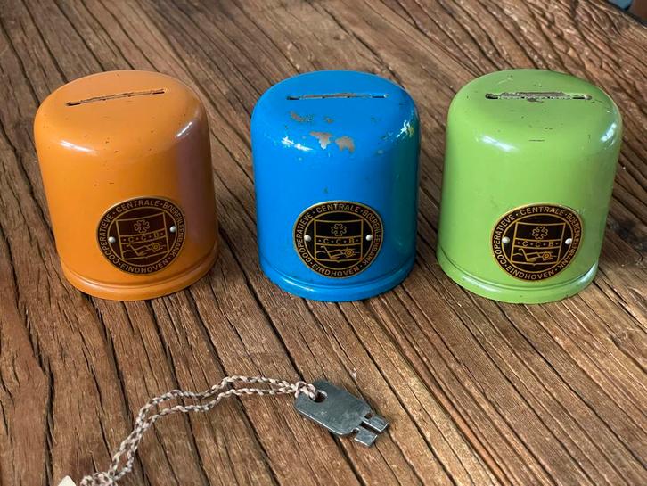3 vintage spaarpotjes Boerenleenbank met Sleutel, Verzamelen, Spaarpotten, Gebruikt, Verzenden