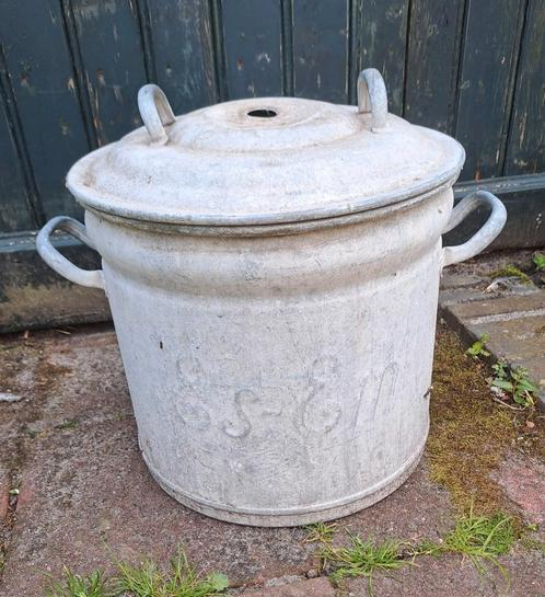 Oude zinken teil bak met deksel tekst Es - Em, Tuin en Terras, Bloembakken en Plantenbakken, Gebruikt, Overige materialen, Balkon