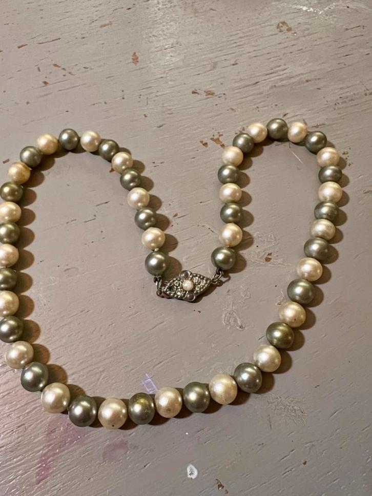 Vintage antiek parelketting ketting strass verzilverd slotje, Sieraden, Tassen en Uiterlijk, Antieke sieraden, Overige materialen