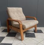 60 jaren Dyrlund DEENS teak houten fauteuil zandkleur stof, Huis en Inrichting, Fauteuils, Ophalen, Gebruikt, Vintage, 75 tot 100 cm