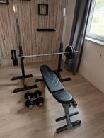 Halterbank set met squat steunen en gewichten, Ophalen, Benen, Krachtstation, Zo goed als nieuw