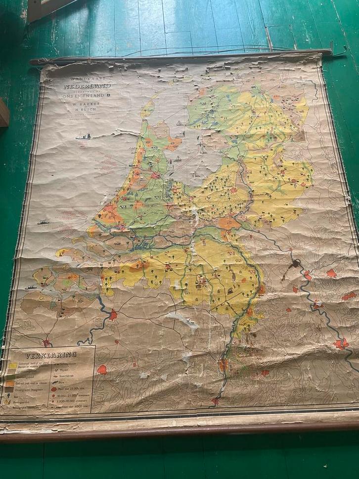 Antieke Landkaart - W. Bakker & H. Rusch, Antiek en Kunst, Antiek | Schoolplaten, Aardrijkskunde, Ophalen