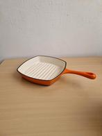 Zware gietijzeren grillpan in mooie oranje kleur geëmailleer, Huis en Inrichting, Keuken | Potten en Pannen, Ophalen of Verzenden