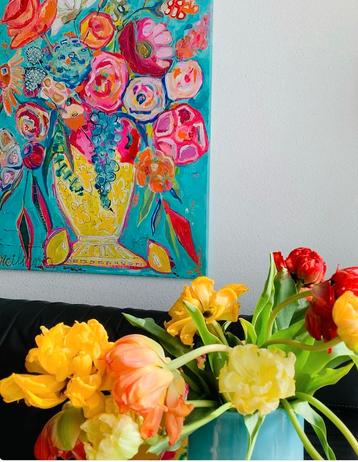 Schilderij ~ super vrolijke bloemenvaas  ~ atelier beschikbaar voor biedingen
