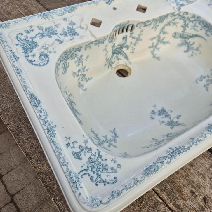 67,5x48,5 Unieke antieke wastafel turquoise blauw decor pauw, Antiek en Kunst, Antiek | Overige Antiek, Ophalen