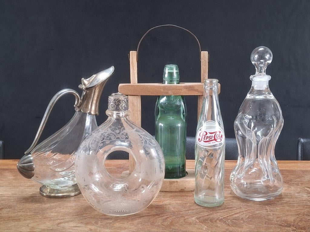 lot 5st vintage antiek glazen knijpfles kogelfles cola swirl, Ophalen of Verzenden