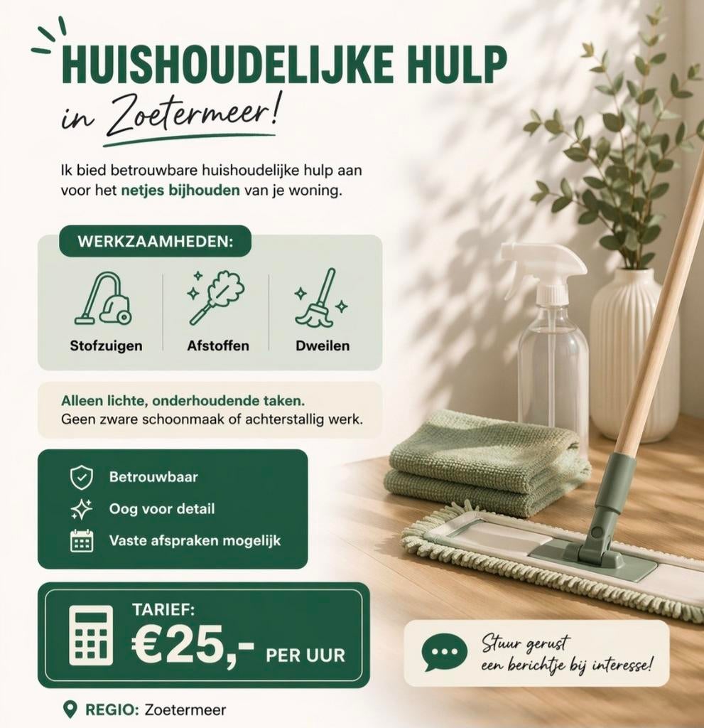 Betrouwbare huishoudelijke hulp - Regio Zoetermeer, Diensten en Vakmensen, Schoonmakers en Glazenwassers