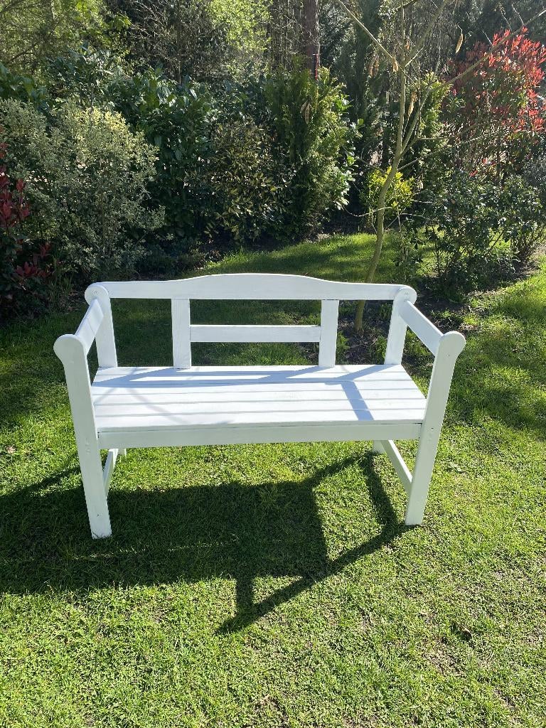 Witte houten tuinbank 114cm breed, Tuin en Terras, Tuinbanken, Ophalen, Gebruikt, Hout
