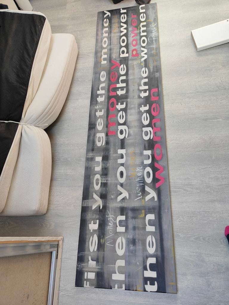 Uniek Scarface 'First you get the money' doek 40x180cm, Antiek en Kunst, Ophalen of Verzenden