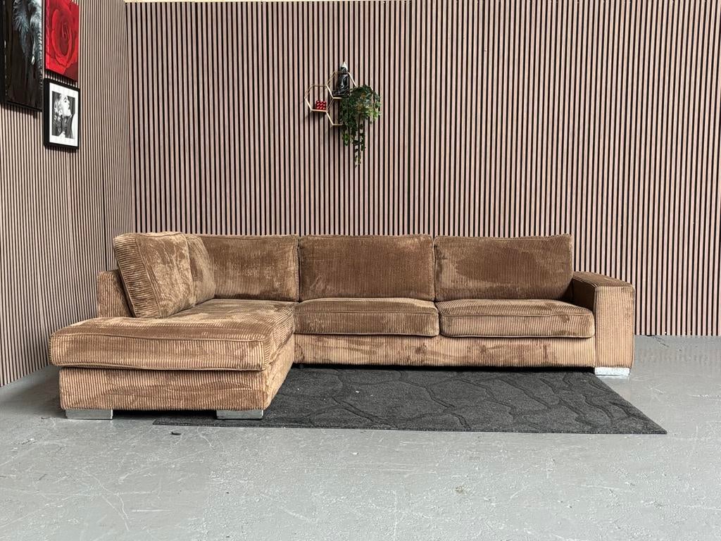 GRATIS LEVERING Ribstof Hoekbank Bruin 300x220 GEREINIGD