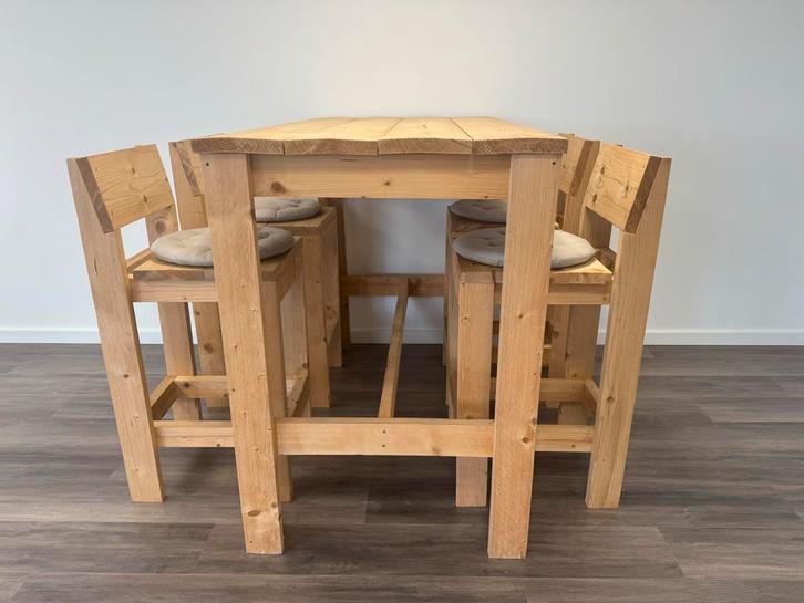 Houten statafel met 4 krukken en kussentjes, Huis en Inrichting, Tafels | Statafels, Gebruikt, Ophalen