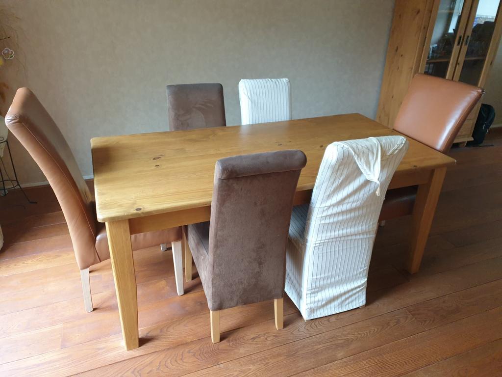 Houten eettafel met 6 stoelen, Ophalen, Gebruikt, Rechthoekig, 50 tot 100 cm