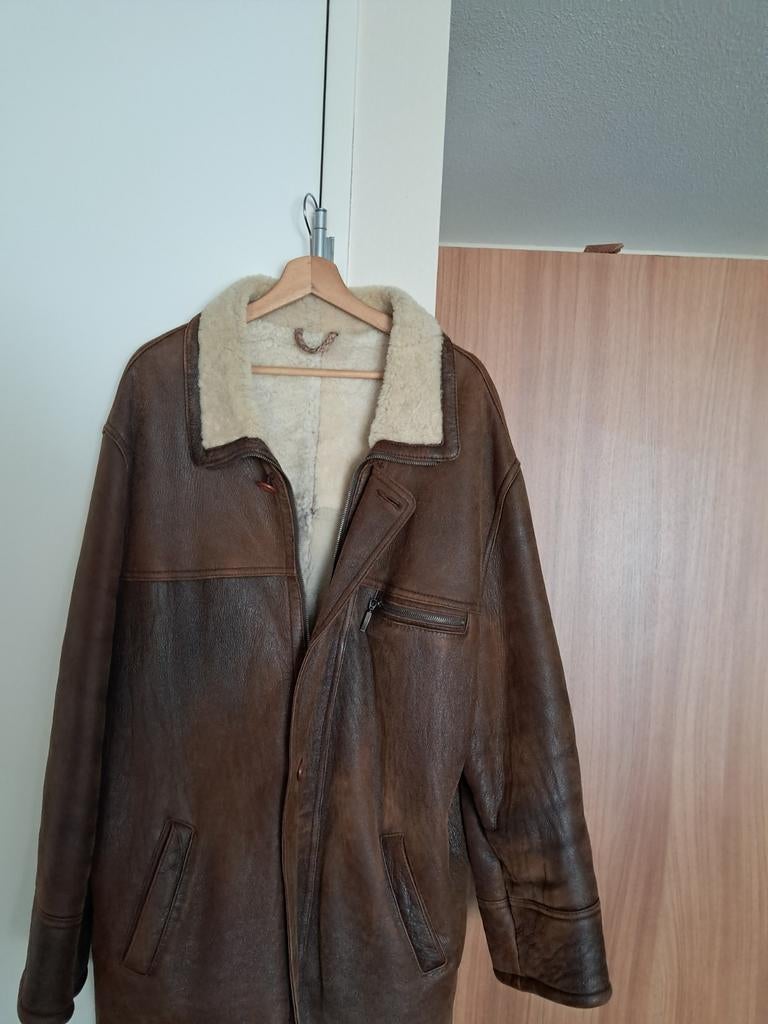 Vintage Leren Jas met Bontkraag - Bruin, Bruin, Maat 56/58 (XL), Gedragen, Antilope