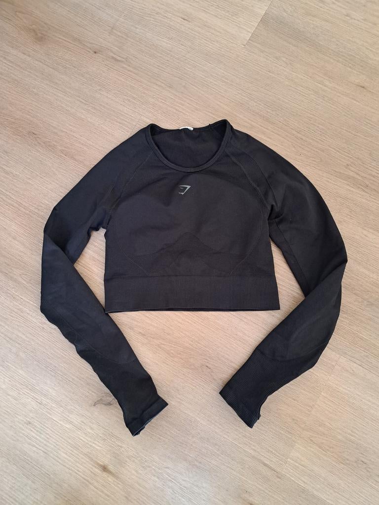 Gymshark sporttop met lange mouwen open rug zwart maat m 38, Zwart, Ophalen of Verzenden, Maat 36 (S), Gymshark