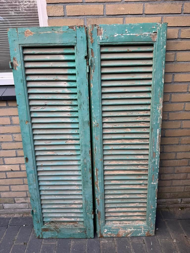 Brocante houten luiken / shutters – 142 cm – groene patina, Ophalen, Gebruikt