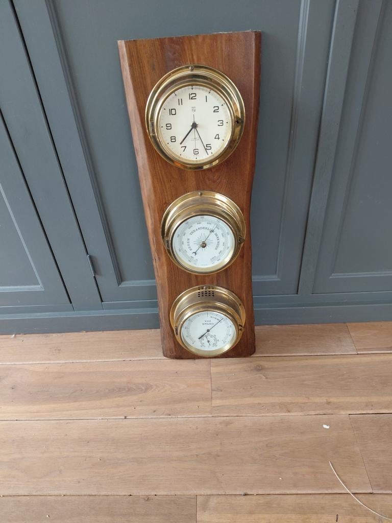 Vintage Weerstation met Klok, Barometer en Thermometer, Watersport en Boten, Ophalen of Verzenden, Gebruikt