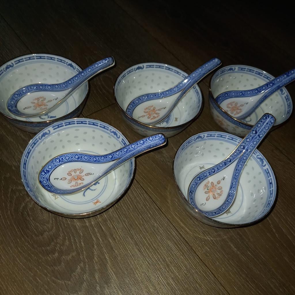 5 vintage antieke chinese porceleinen rijstkommen met lepel, Ophalen