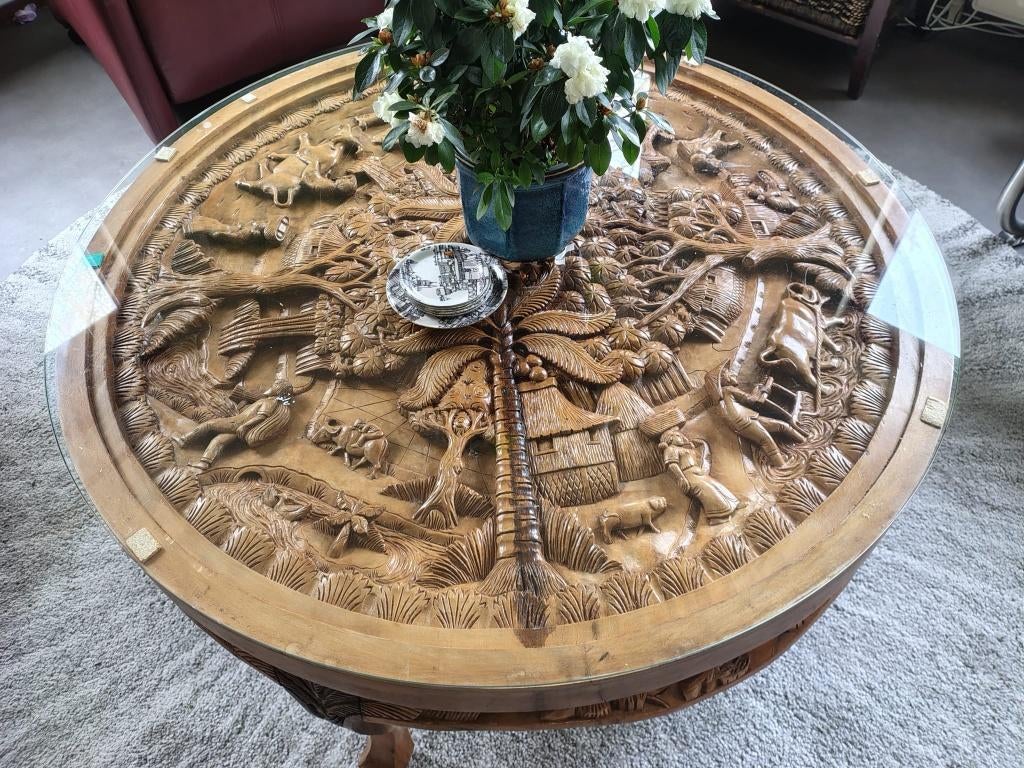 Houtsnijwerk salontafel, Ophalen, 50 tot 100 cm, Rond, 50 tot 100 cm