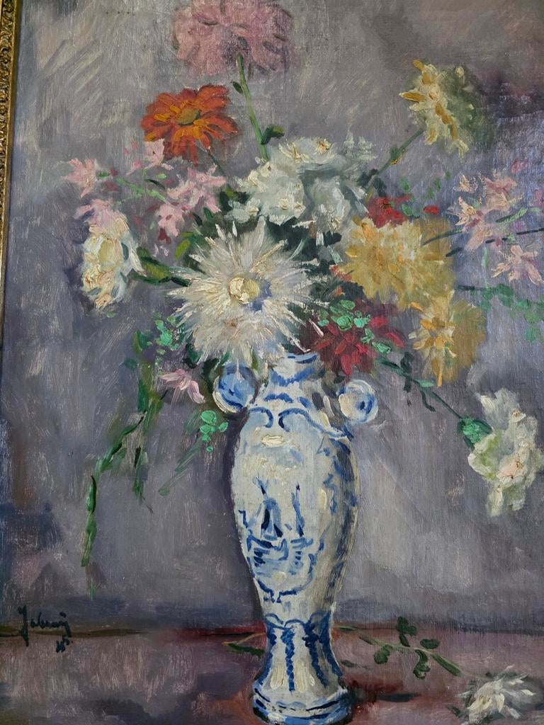 Bloemen in Delfts Blauwe Vaas - Olieverf op Doek, Antiek en Kunst, Ophalen of Verzenden