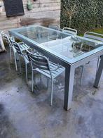 Tuinset met glazen tafel en 6 stoelen, Tuin en Terras, Tuintafels, Ophalen of Verzenden, Gebruikt, Rechthoekig, Metaal