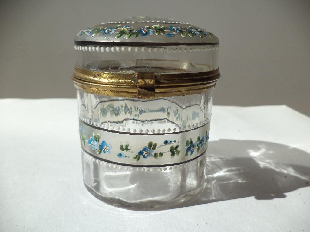 antiek geëmailleerd glas doos jewelry box glazen bonbonnière, Antiek en Kunst, Ophalen of Verzenden
