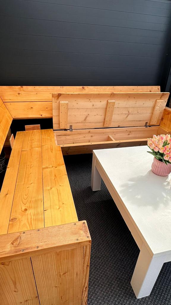 Steigerhouten Hoekbank met Opbergruimte, Huis en Inrichting, Banken | Bankstellen, Ophalen, 250 tot 300 cm, Gebruikt, Hoekbank