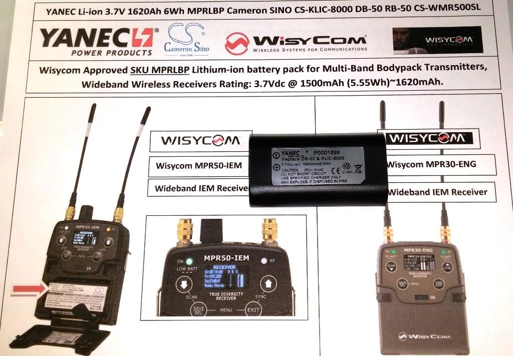 YANEC Wisycom MPRLBP CS-WMR500SL 3.7V 1500mA Li-ion Battery