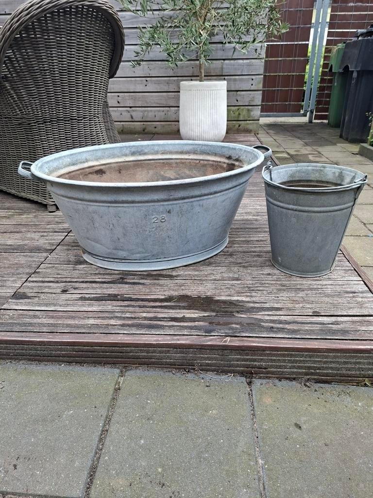 Brocante zinken wasteil, tobbe en emmer, Ophalen, Metaal, 30 tot 60 cm, 60 tot 100 cm