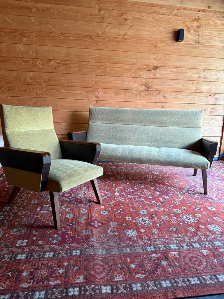 Vintage bankstel en fauteuil (Scandinavisch/jaren60), Ophalen, Gebruikt, 150 tot 200 cm, Tweepersoons