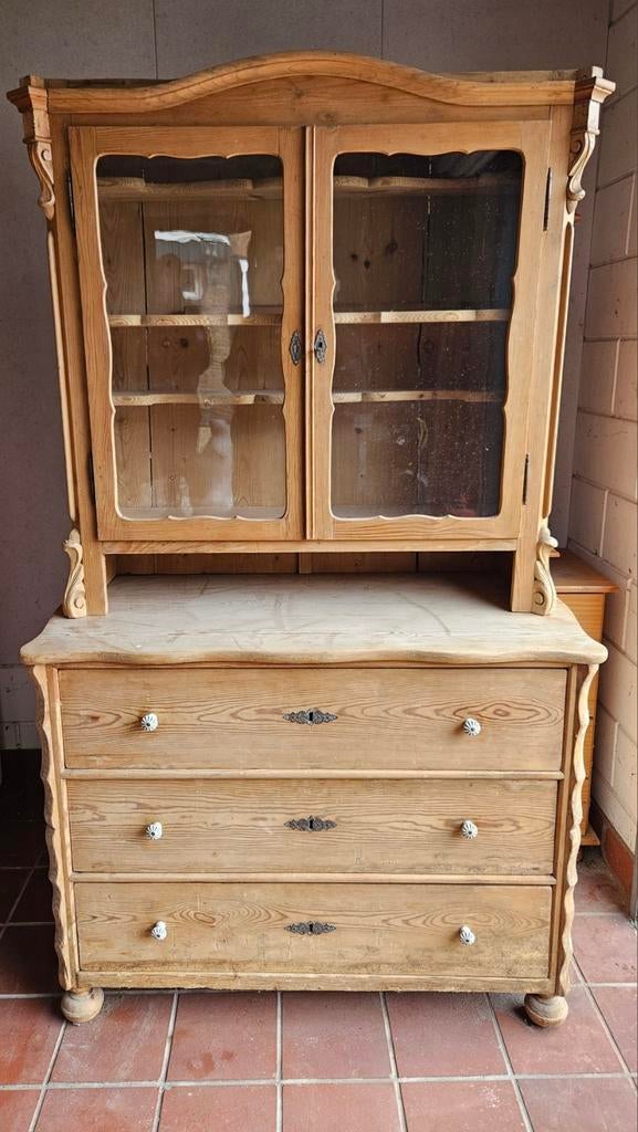 Grenen buffet Biedermeier stijl met origineel oud glas, Antiek en Kunst, Antiek | Meubels | Kasten, Ophalen