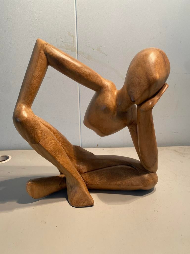 Houten beeld de denker, Ophalen, Handgemaakt, 20 - 50 cm, Beeld