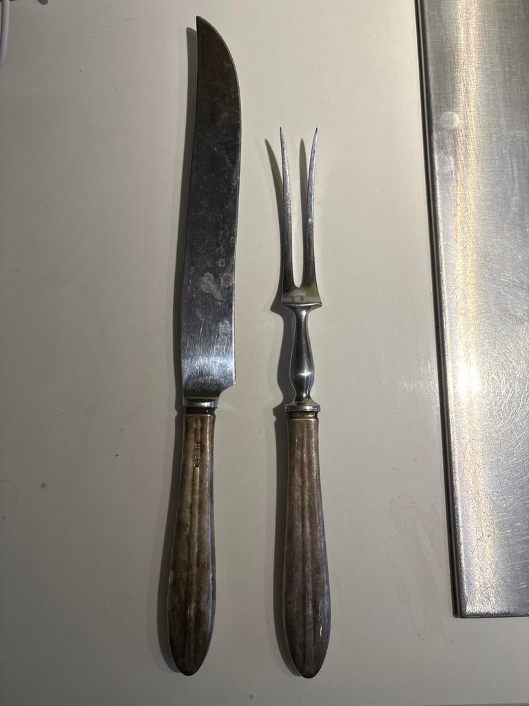 Gero zilveren braadmes en vork - Vintage bestekset, Antiek en Kunst, Antiek | Bestek, Ophalen of Verzenden