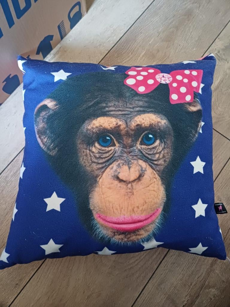 Decoratief kussen met aap gezicht en strik, Ophalen of Verzenden, Zo goed als nieuw, Blauw, Vierkant