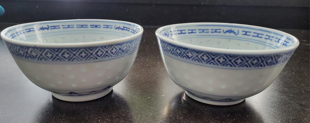 2 vintage Chinese rijstkommetjes blauw / wit porselein, Ophalen of Verzenden