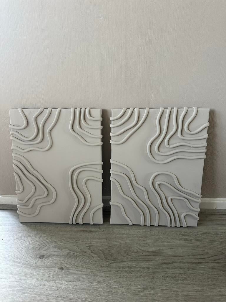 Modern Beige Tweeluik Schilderij met Reliëf, Verzenden
