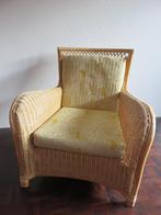 Vintage rotan wicker loungestoel fauteuil gele monstera stof, Ophalen, Gebruikt, 75 tot 100 cm, Stof