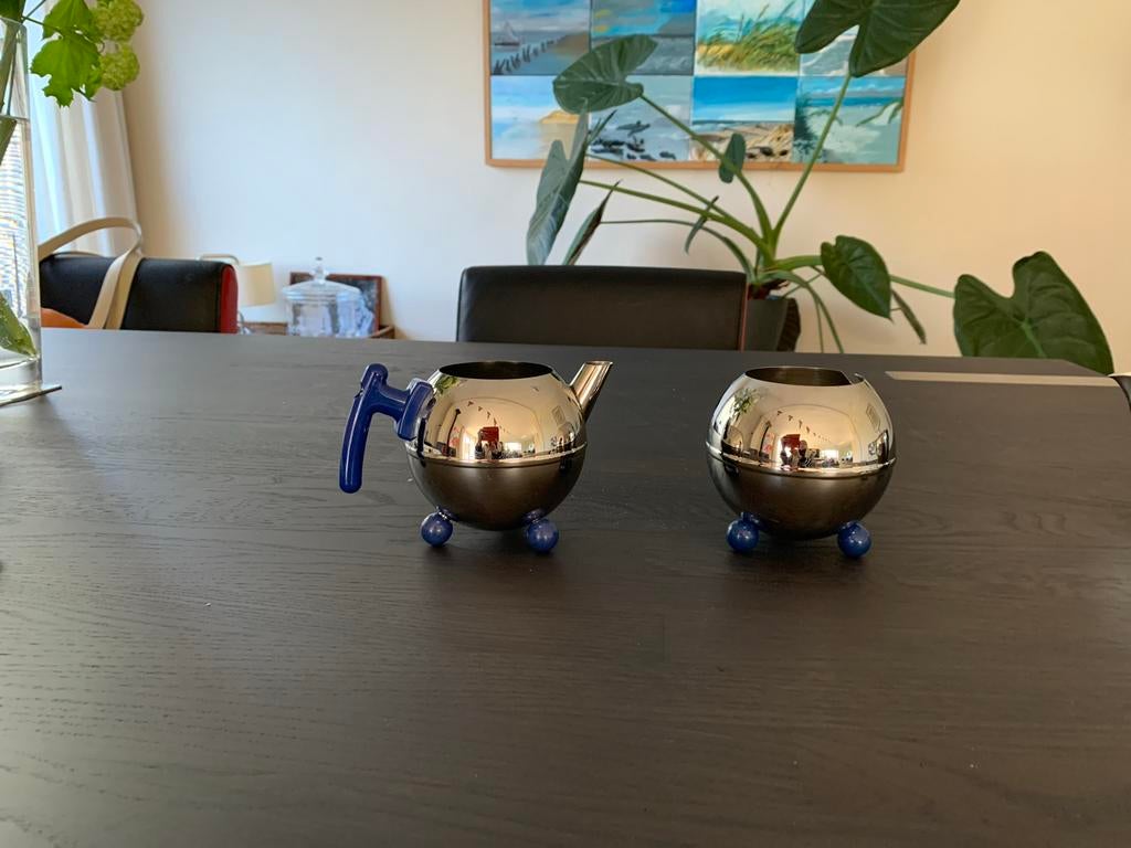 Bredemeijer melk- en suikerpot set, zo goed als nieuw, Theepot/fluitketel, Bredemeijer, Zilver, Ophalen of Verzenden