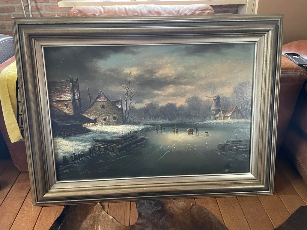 Sfeervol Hollands wintertafereel schilderij, Antiek en Kunst, Ophalen of Verzenden
