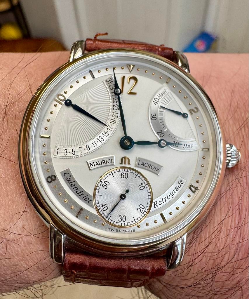 Maurice Lacroix Masterpiece Calendrier Rétrograde 18 krt, Sieraden, Tassen en Uiterlijk, Horloges | Heren, Overige merken, Leer