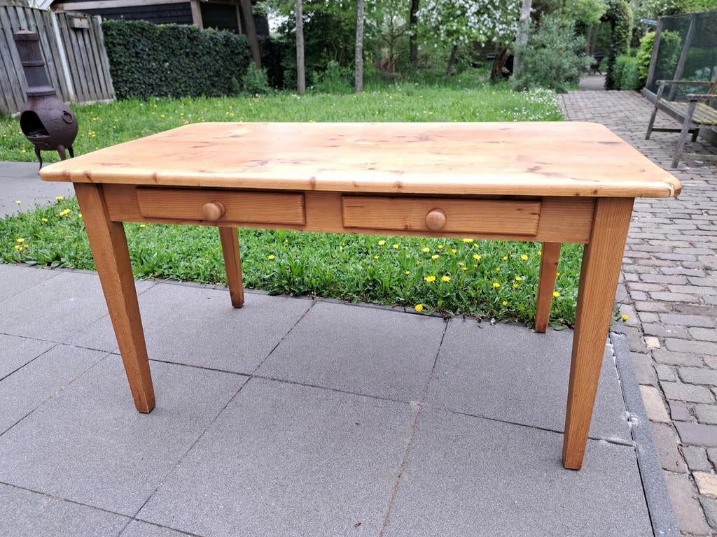 Antieke grenen tafel met 2 lades 85x150, hoogte 79, Ophalen